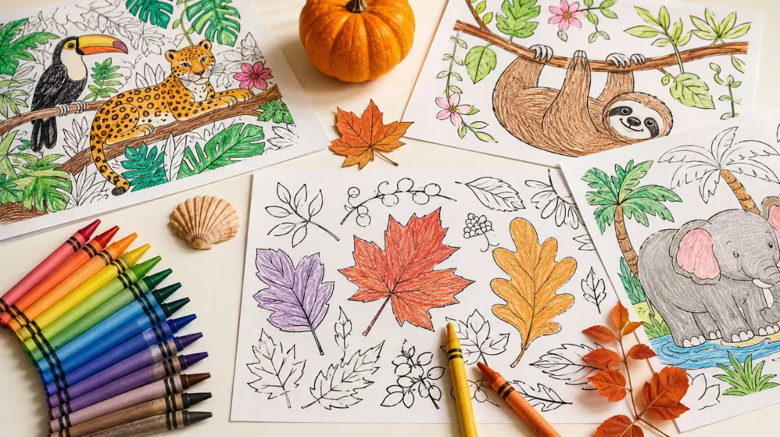 Partially colored animal and seasonal coloring pages spread across a white surface alongside fanned crayons and small seasonal decorations, representing printable classroom coloring pages and seasonal activity packs for K–2 students