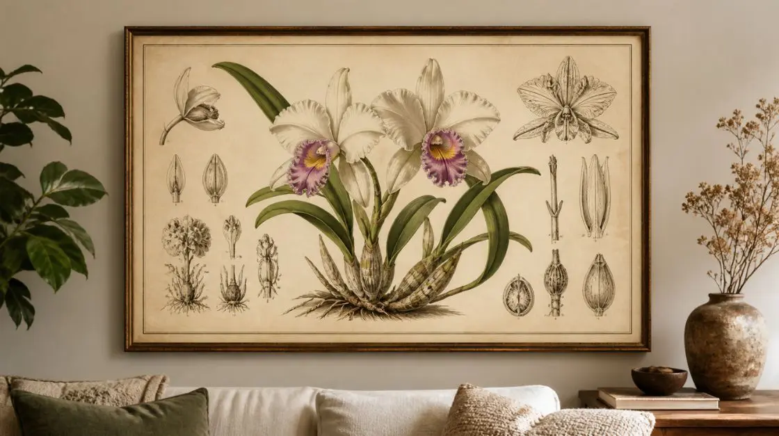 Antique-style vintage botanical orchid art print with scientific illustration detail on living room wall