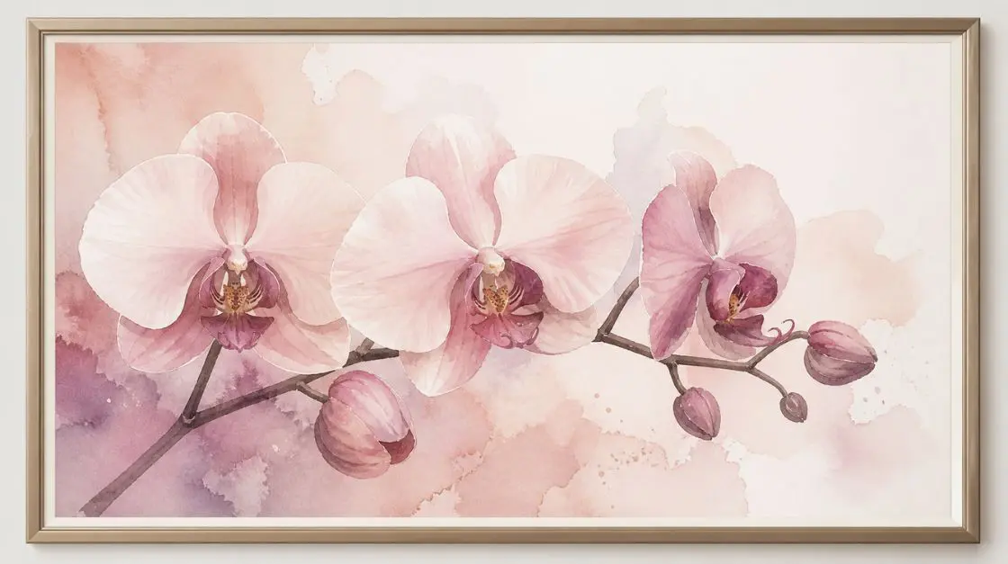 Soft watercolor orchid wall art print with blush and mauve tones