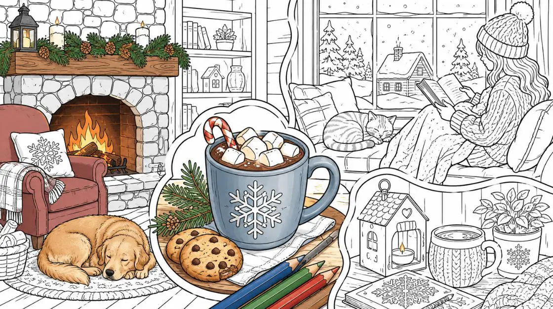 Cozy winter activities coloring pages showing fireplaces, mugs of cocoa, and indoor winter scenes