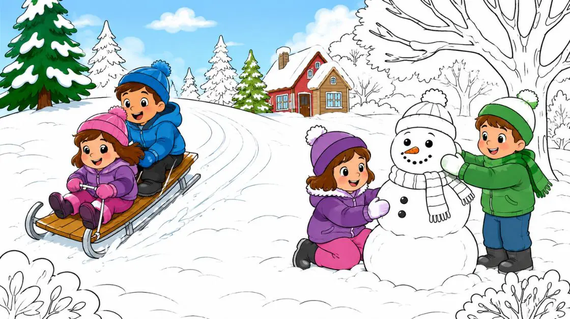 Children sledding and building snowmen in printable winter activities coloring pages