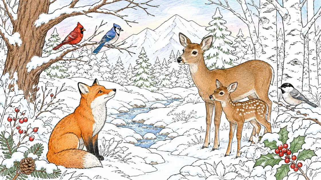 Winter coloring pages featuring foxes, deer, and birds in snowy forest scenes