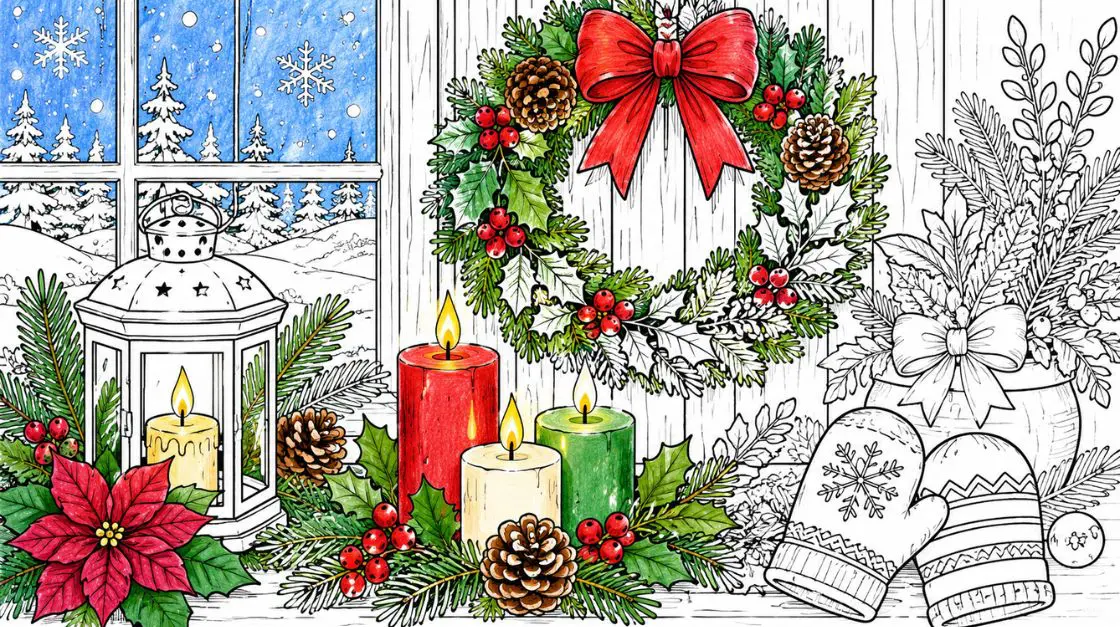 Holiday celebration winter coloring pages with wreaths, candles, and festive winter imagery