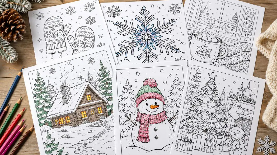 A collection of printable winter coloring pages featuring snowflakes, cozy cabins, and holiday scenes"