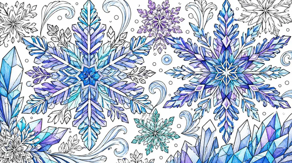 Intricate snowflake and ice crystal winter coloring pages for adults and older children