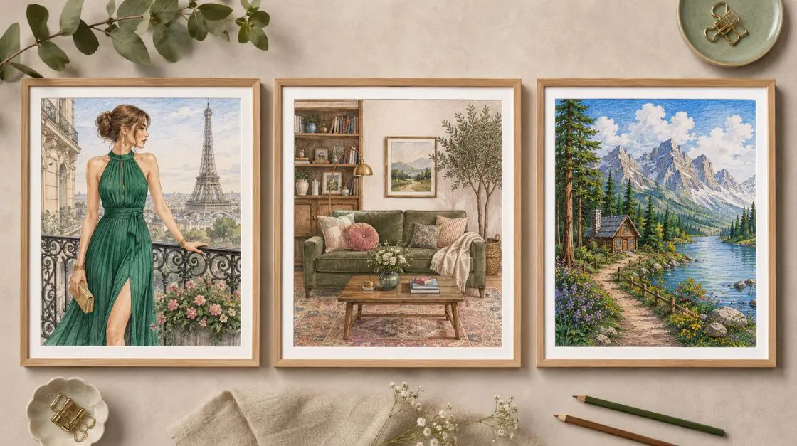 Styled mockup of finished aesthetic coloring pages for adults framed as wall art in fashion, interior, and landscape styles