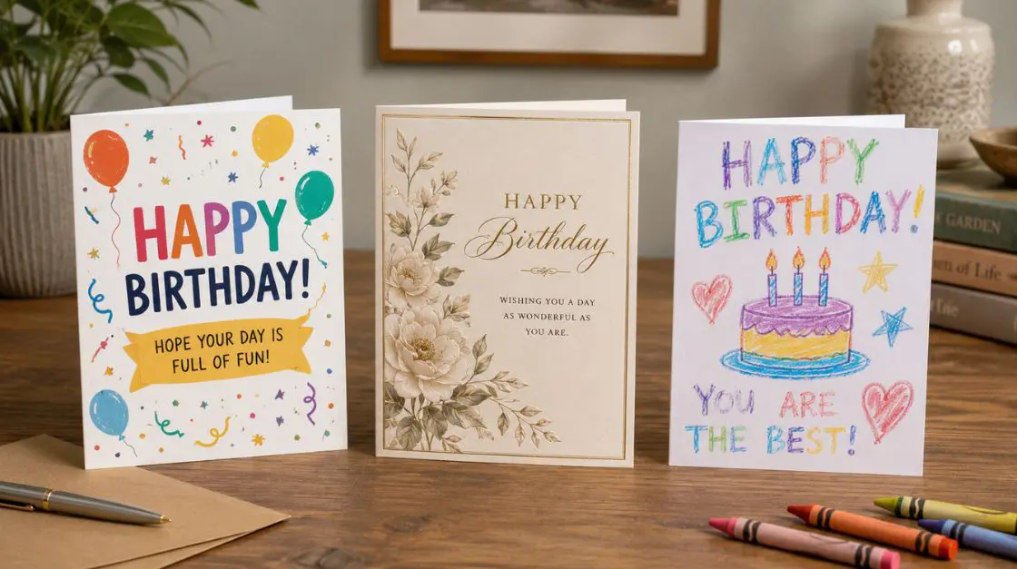 Three styles of birthday cards for different recipients and occasions