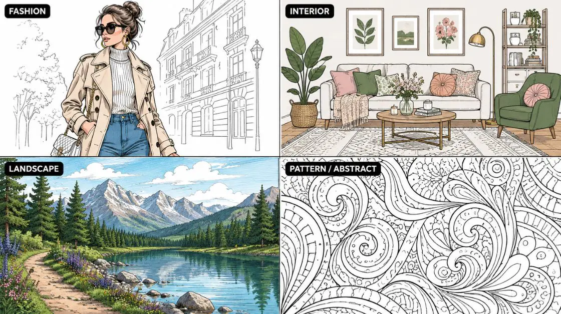 Grid collage of aesthetic coloring pages for adults showing fashion, interior, landscape, and pattern styles