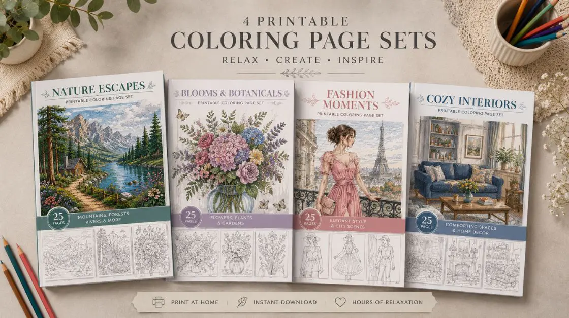eatured collections of aesthetic coloring pages for adults including fashion, interior, landscape, and pattern designs