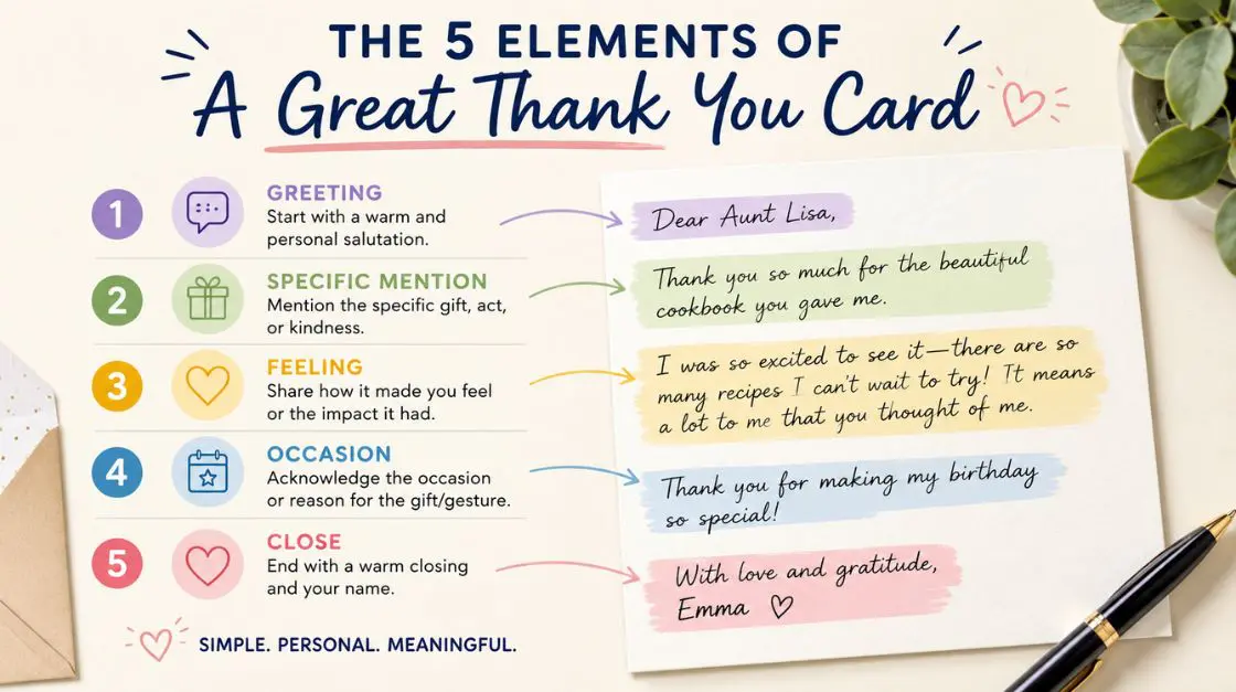 nfographic showing what to write in a thank you card — five-part thank you card writing formula