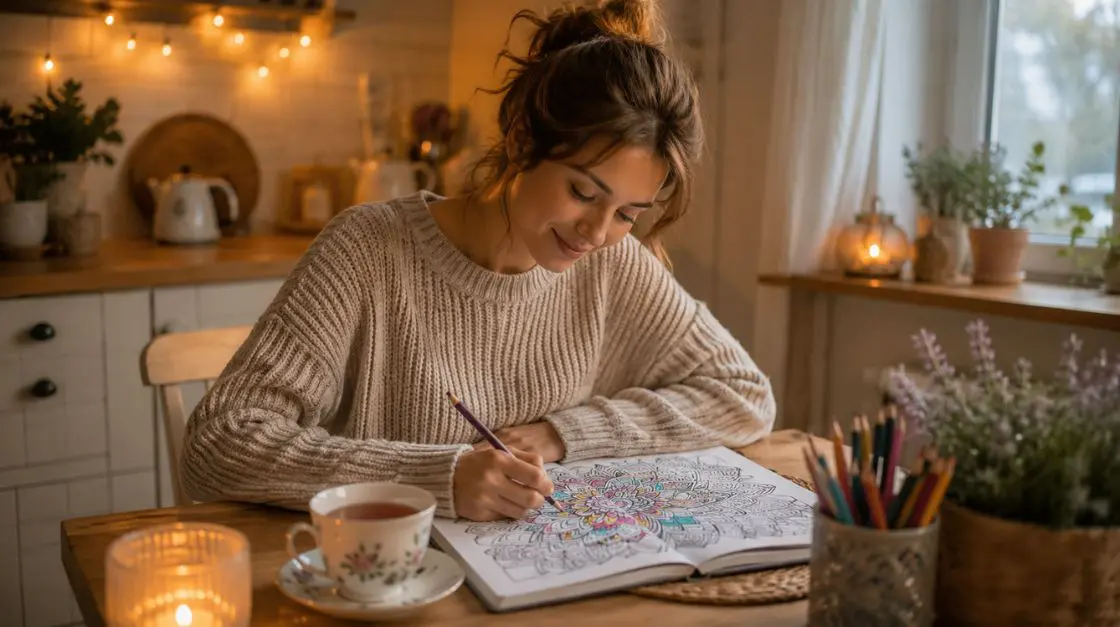 Woman practicing creative relaxation techniques with adult coloring pages and colored pencils at home