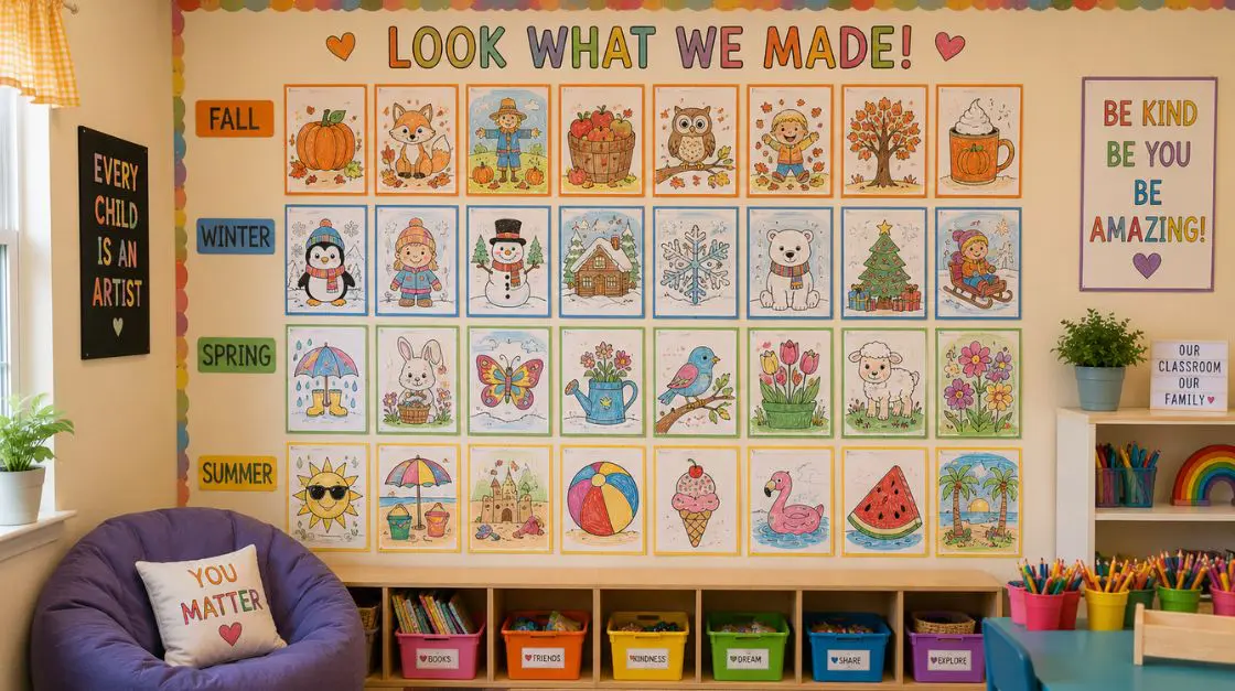 Kindergarten classroom display wall featuring completed early finisher coloring pages in seasonal themes