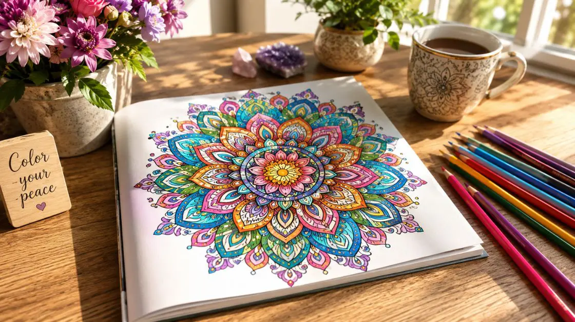 Beautifully completed adult coloring page as art therapy for stress practice displayed on a calm, sunlit workspace