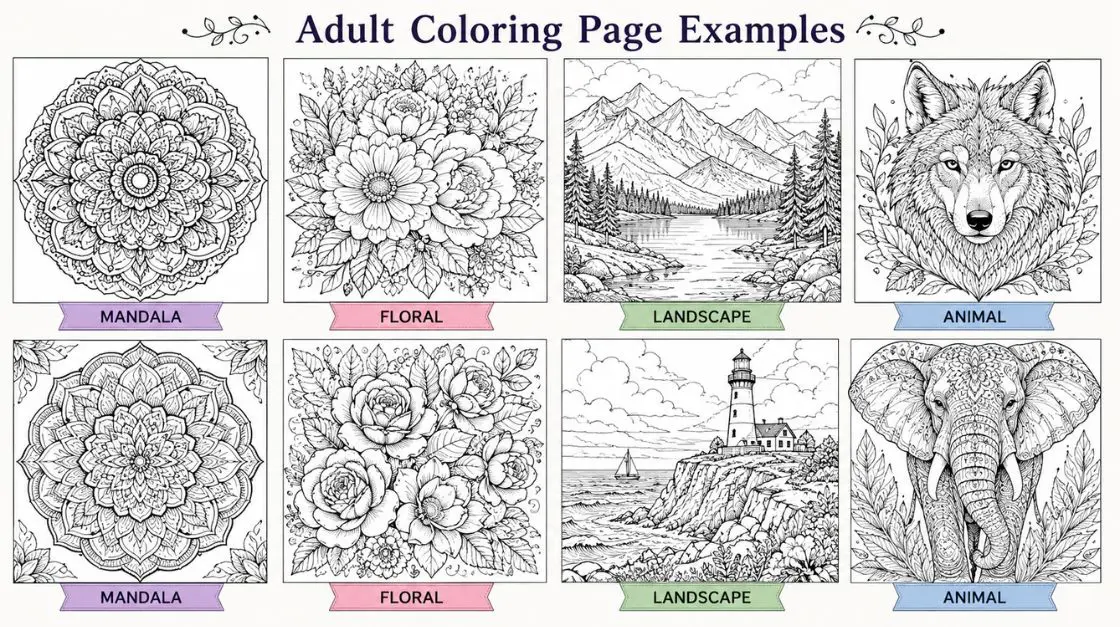 Collection of adult coloring page categories for art therapy for stress including mandalas, botanicals, landscapes, and animals
