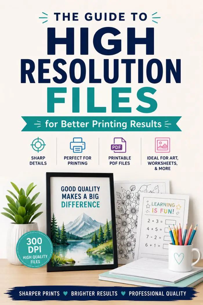 The cover of a guide titled "The Guide to High Resolution Files for Better Printing Results." It features icons for sharp details, printing, PDF files, and art. A framed picture of a mountain landscape and some worksheets are displayed.