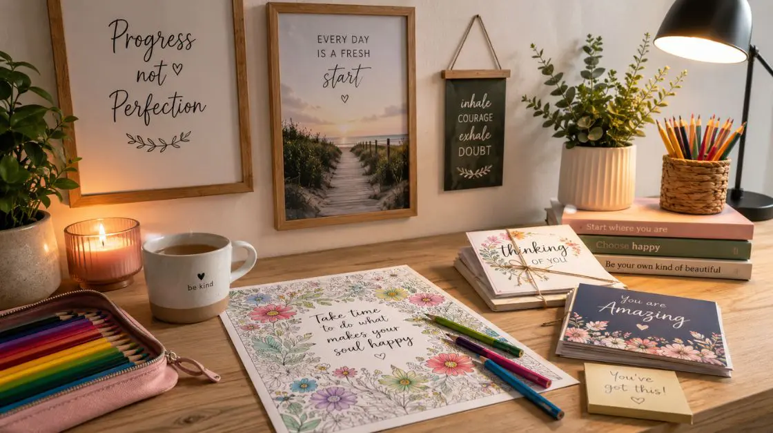 Cozy home workspace featuring beautifully printed wall art, coloring pages on quality paper, and handmade greeting cards printed on correct printer paper weight
