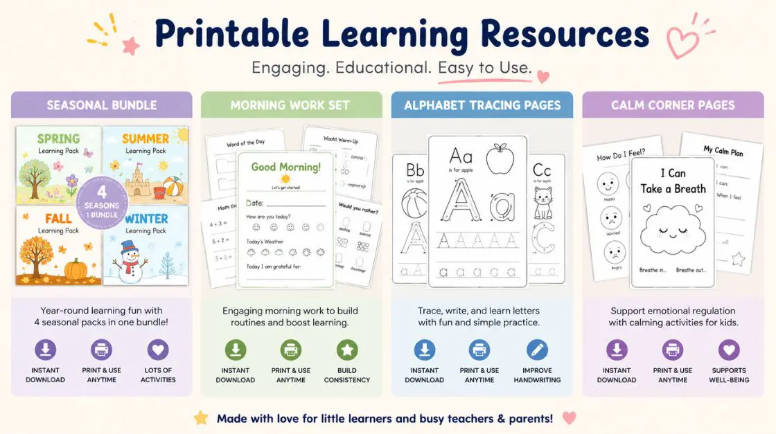 Featured printable kindergarten worksheets and teacher resource bundles