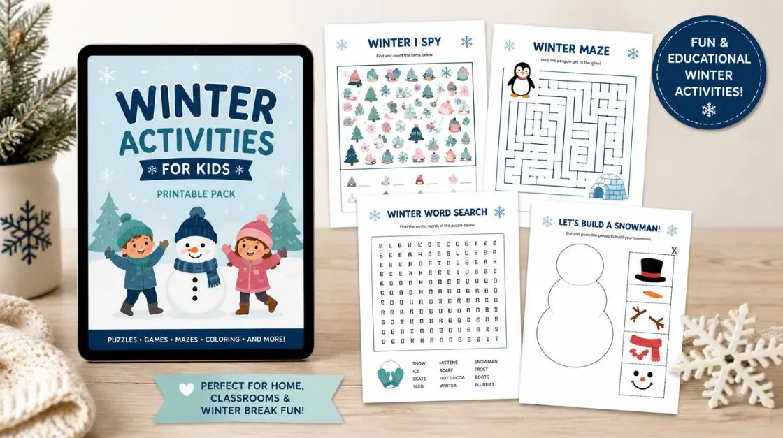 Winter Activities for Kids printable pack shown as a digital download and printed pages