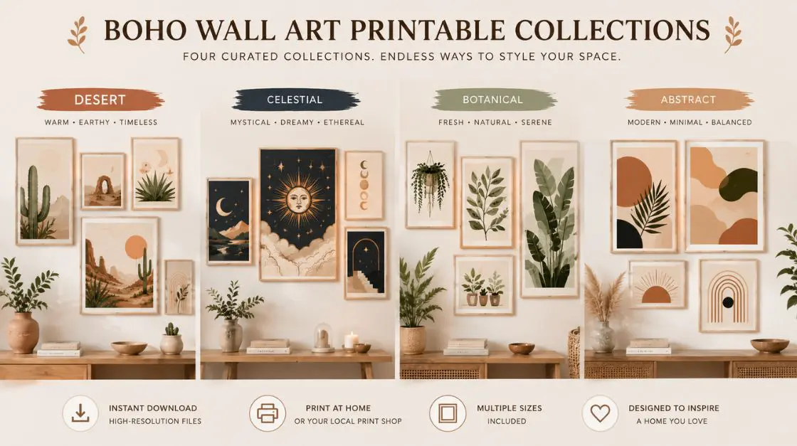 Showcase of boho wall art printable product collections including botanical, celestial, and desert prints