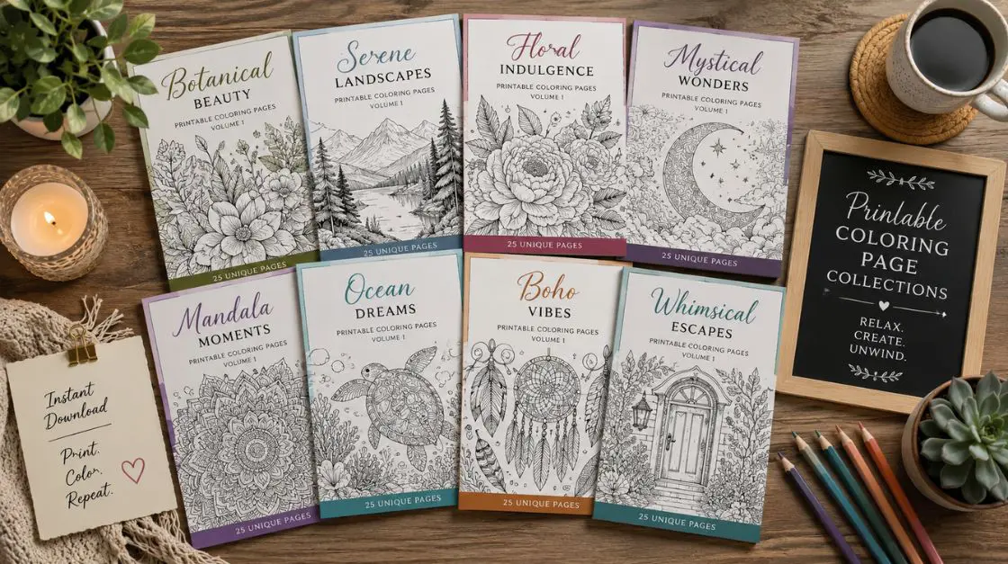 Printable adult coloring page collections for art therapy for stress relief, showing wildflower, city, landscape, and animal themes