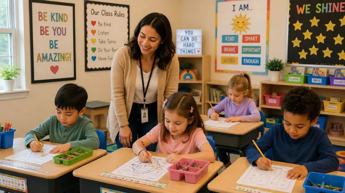 Happy kindergarten teacher watching students independently complete early finisher activities during class time