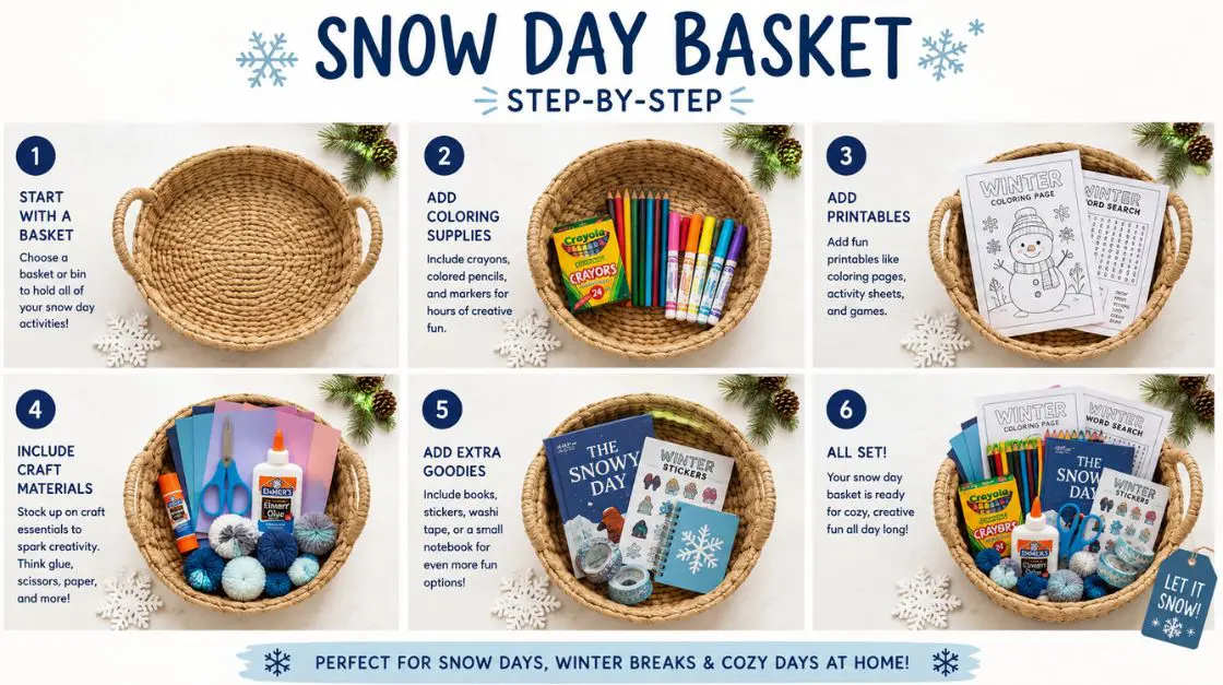 Snow day basket filled with no-prep indoor snow day activity supplies for kids