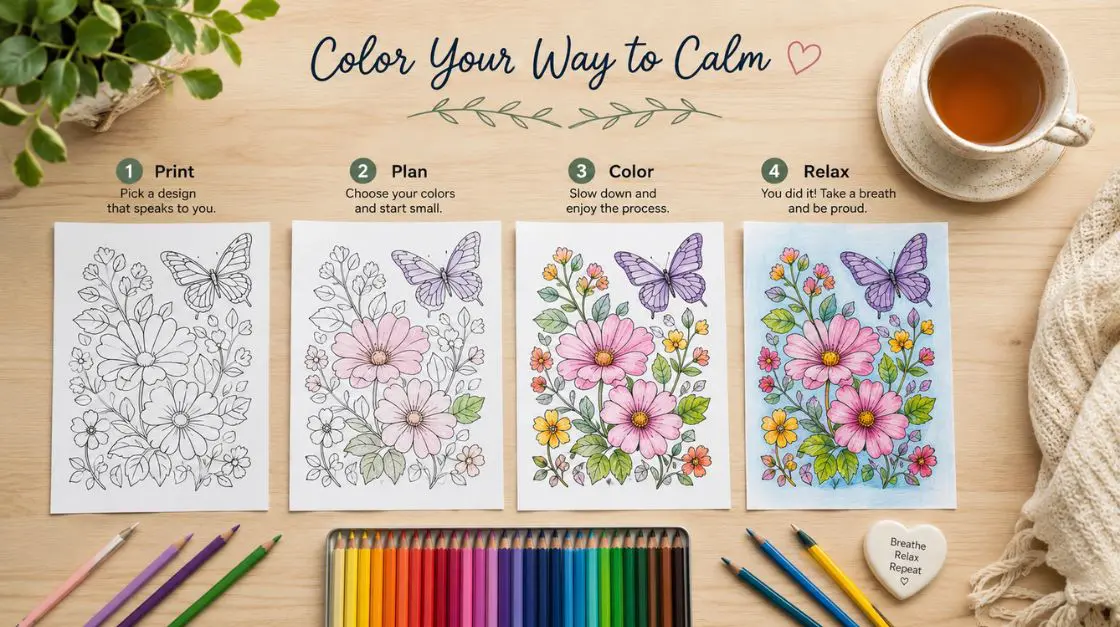 Step-by-step setup for starting an art therapy for stress practice at home with coloring pages and pencils