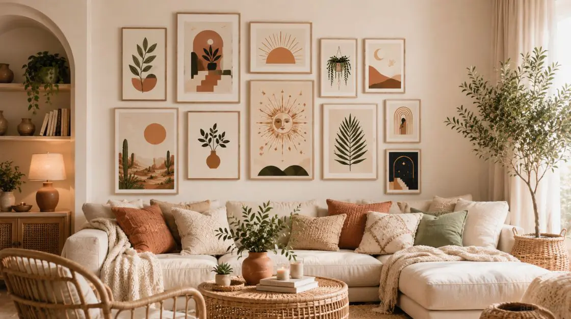 Gallery wall of boho wall art printable designs in a styled bohemian living room