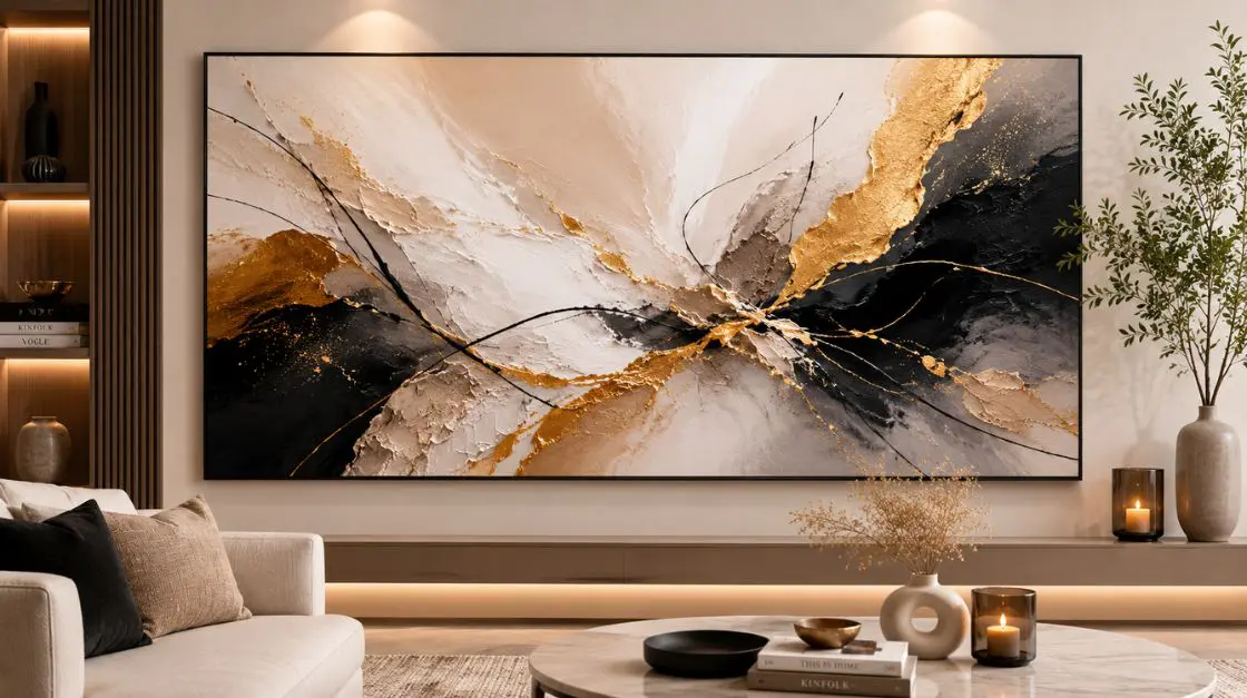 A large abstract painting with textured gold, black, and cream elements, featuring bold brushstrokes and delicate lines, hanging above a modern sofa and coffee table.