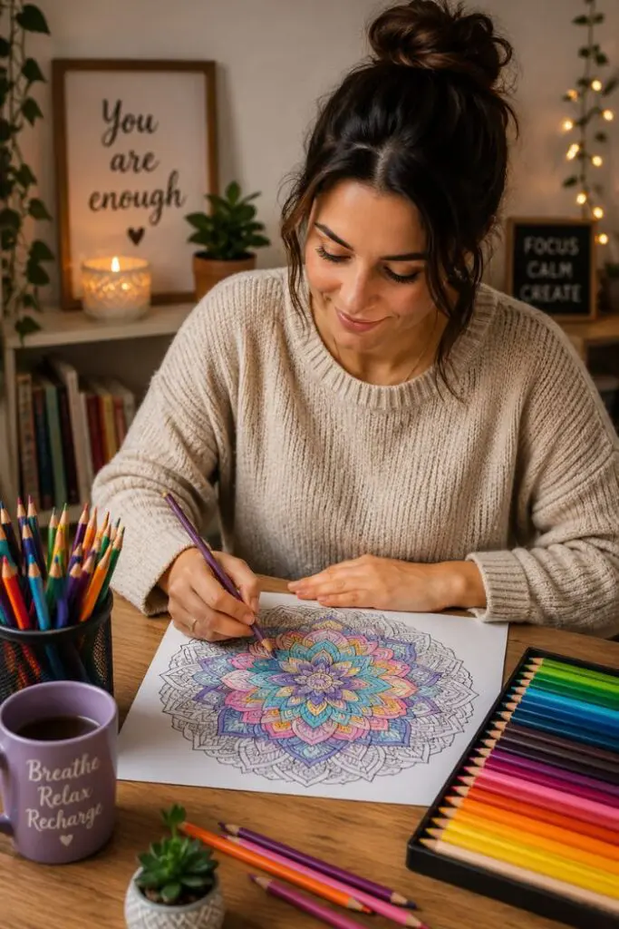 A person coloring a mandala with colored pencils, with a mug that says "Breathe Relax Recharge" and a framed quote "You are enough" in the background.