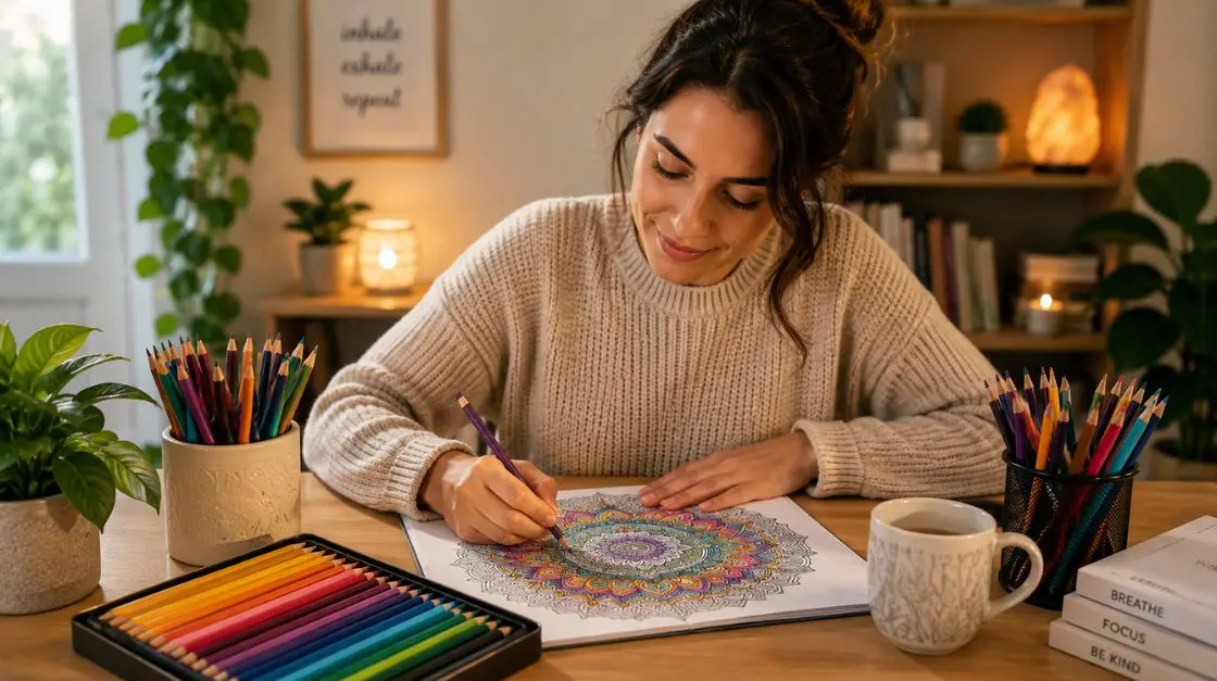 Adult using art therapy for stress relief by coloring a detailed mandala page with colored pencils