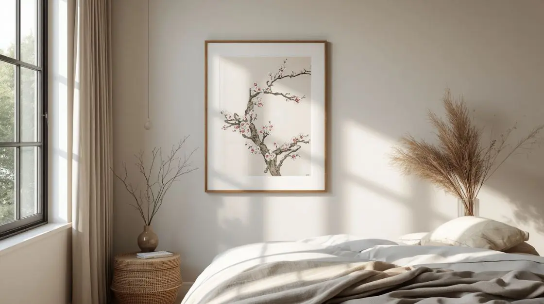 A framed bedroom wall art of a blossoming tree branch hangs on a wall above a bed. To the left, a window is covered by beige curtains, and a small wicker table holds a vase with dried branches. To the right, a vase of dried pampas grass sits on the bed.