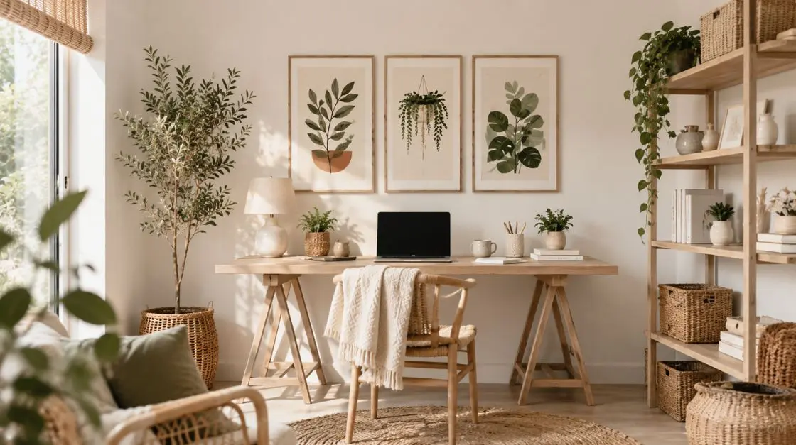 Boho wall decor in a light-filled home office featuring botanical printable art and natural textures
