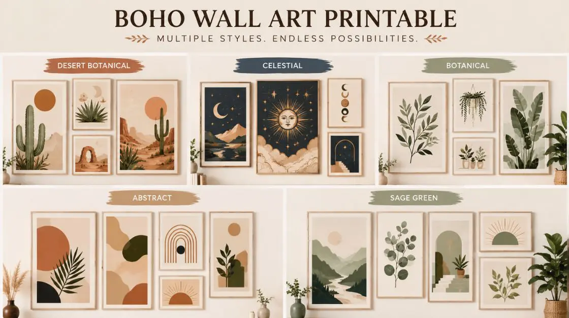 Grid of boho wall art printable style categories including desert, celestial, botanical, and abstract designs