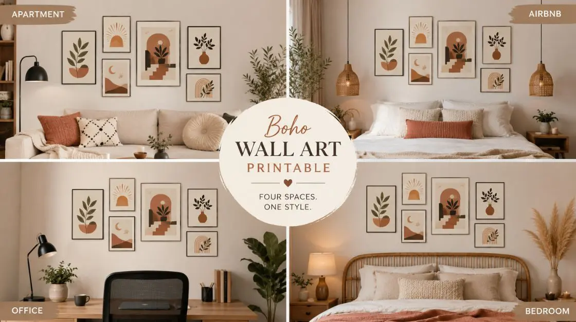 Boho wall decor in a light-filled home office featuring botanical printable art and natural textures