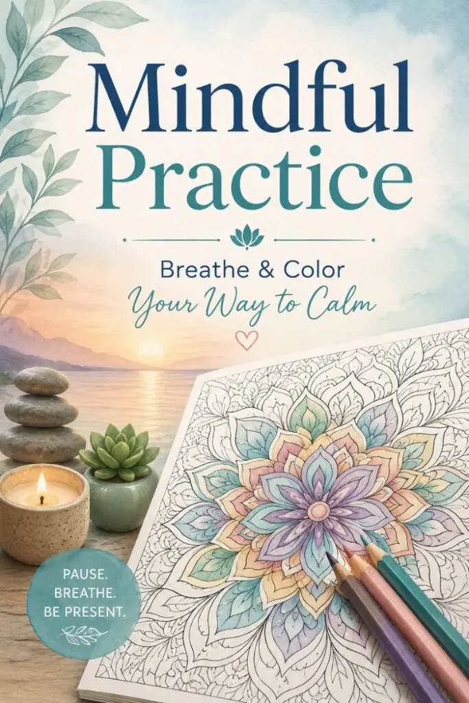 The cover of a book titled 'Mindful Practice: Breathe & Color Your Way to Calm'. It features a mandala coloring page with colored pencils, a lit candle, succulents, and a stack of stones against a serene sunset backdrop.