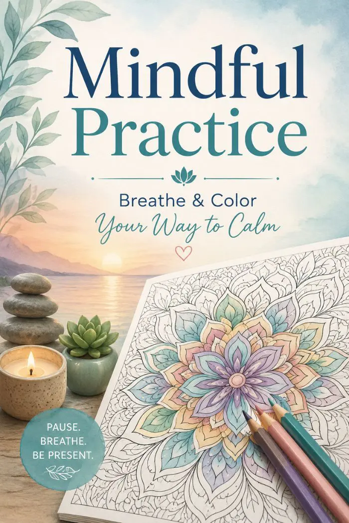 The cover of a book titled 'Mindful Practice: Breathe & Color Your Way to Calm'. It features a mandala coloring page with colored pencils, a lit candle, succulents, and a stack of stones against a serene sunset backdrop.
