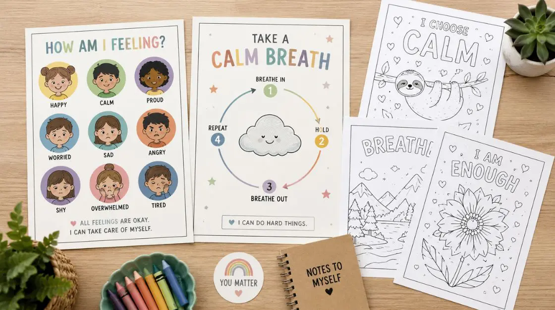Calm corner printables for classroom — emotion chart, breathing guide, and regulation coloring pages for K–2