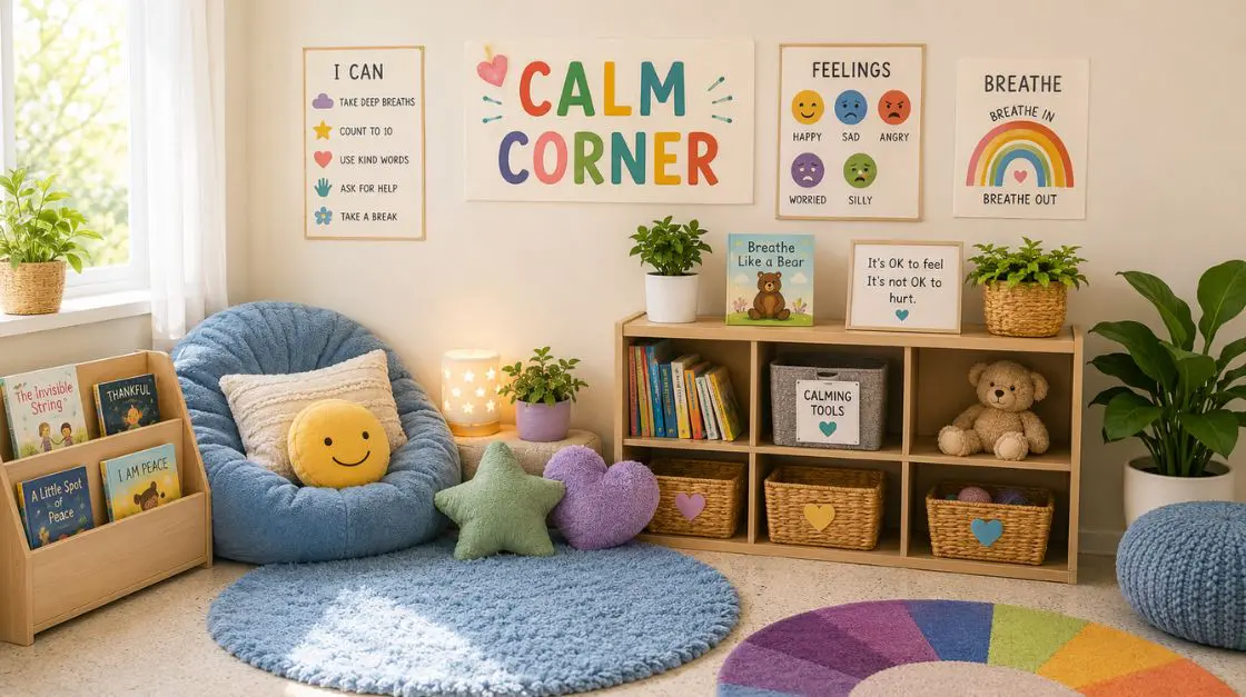Calm corner ideas for classroom use — cozy K–2 classroom corner with soft lighting, cushions, and printable emotion charts