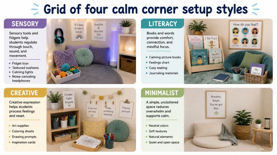 Four types of calm corner setups for K–2 classrooms — sensory, feelings, creative, and minimalist