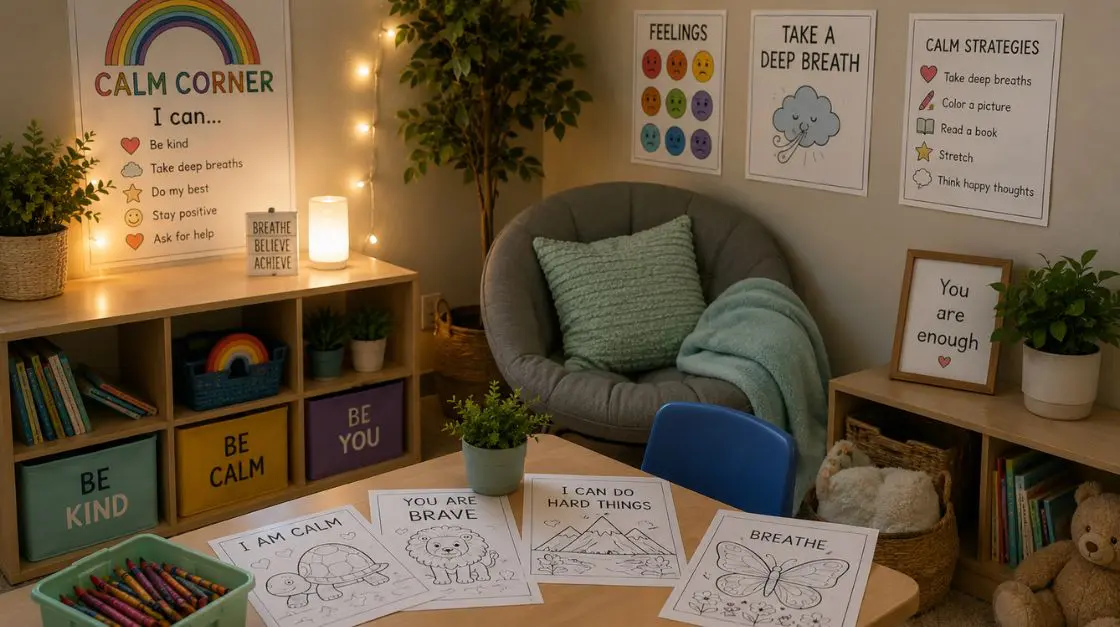 Kindergarten calm corner setup with calm corner printables, crayons, and a cozy chair for emotional regulation