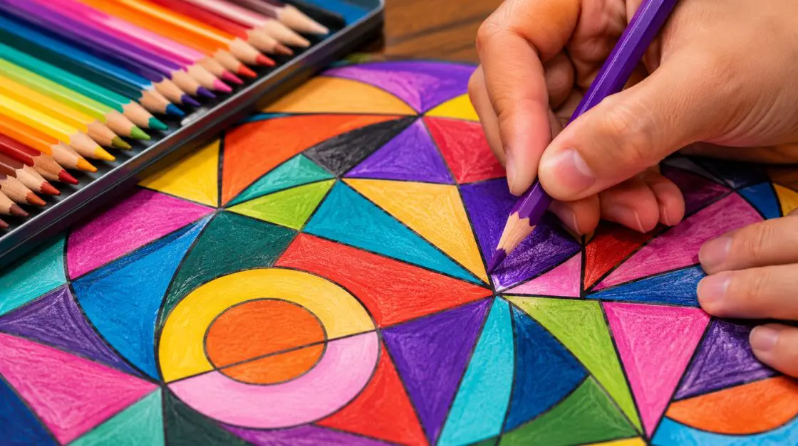 Close-up of hands using colored pencils on abstract coloring pages for adults, illustrating mindful creative focus