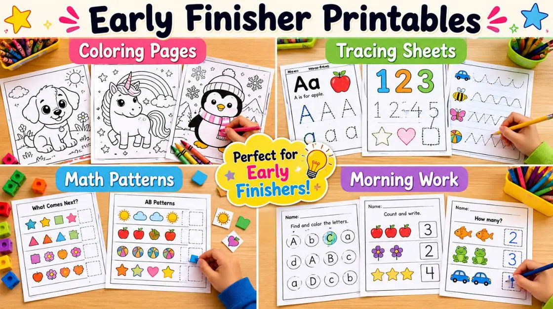 A collage of "Early Finisher Printables" including coloring pages, tracing sheets, math patterns, and morning work activities with children's hands interacting with some of the worksheets.