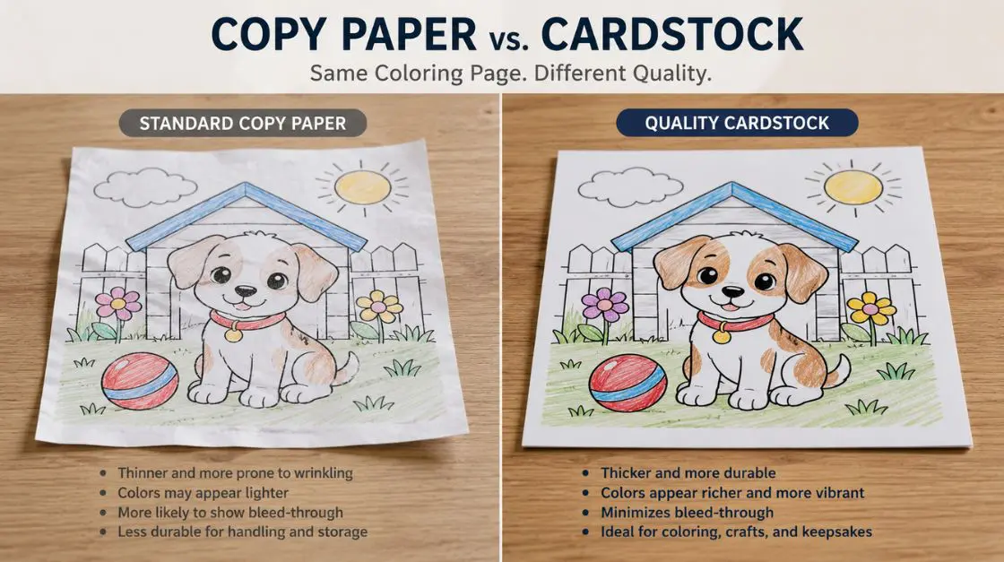 Side-by-side comparison of coloring page print quality on standard printer paper versus 110 gsm art paper