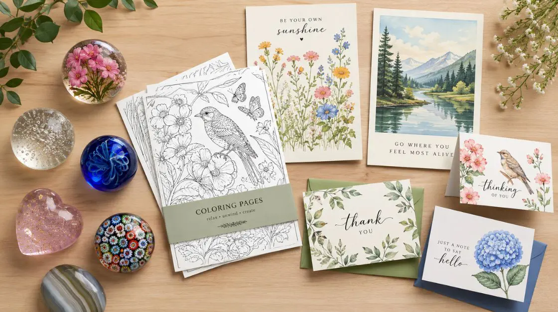 Comparison of different printer paper weights for coloring pages, printable wall art, and greeting cards on a wooden surface
