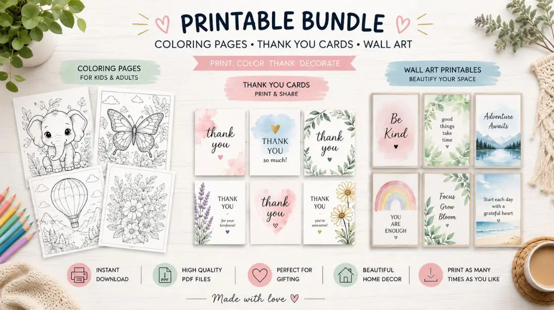 Showcase of printable products including coloring pages, greeting cards, and wall art with printer paper weight recommendations