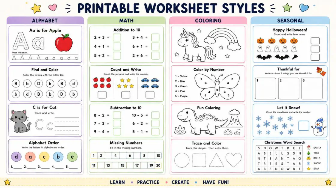 Collage of printable kindergarten worksheets including alphabet, math, and seasonal designs