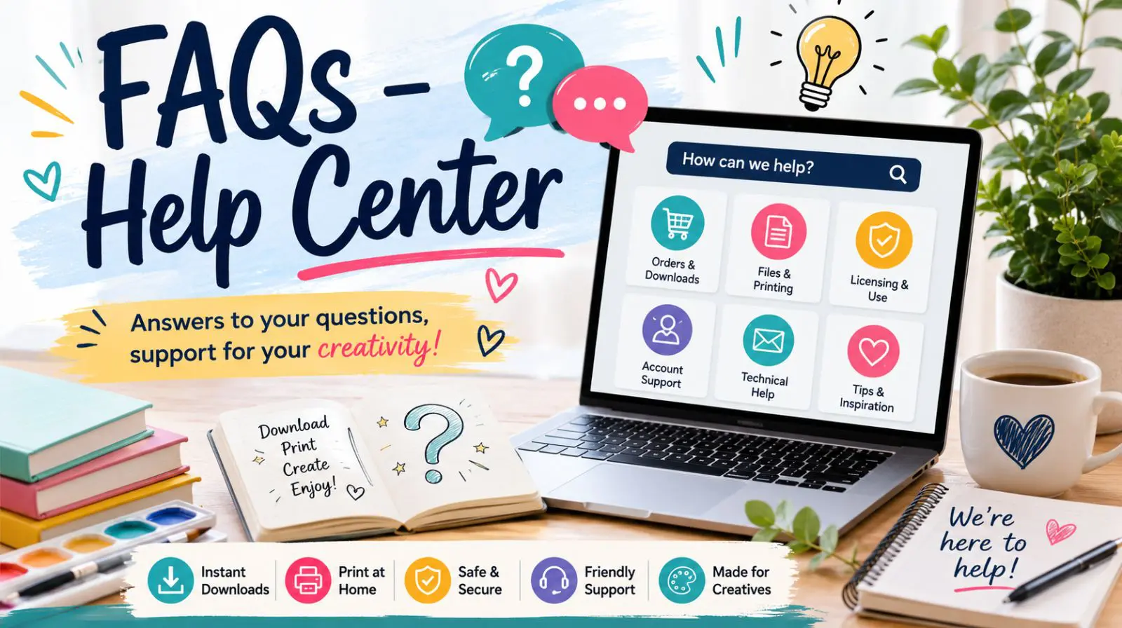 digital download questions. The image displays a "FAQs - Help Center" graphic with a laptop showing various support options like ordering, files, licensing, account support, technical help, and tips. The scene also includes books, watercolors, and a mug, conveying a creative and supportive environment.