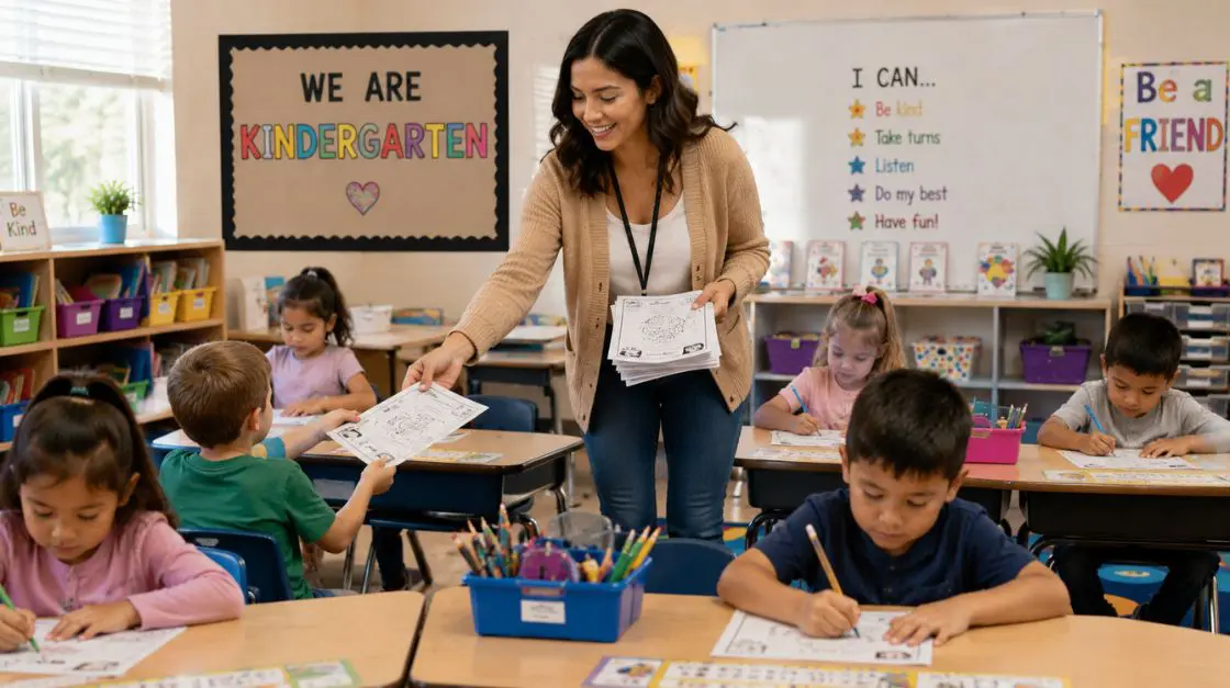early finisher activities for kindergarten. Teacher distributing early finisher activities for kindergarten students during independent work time