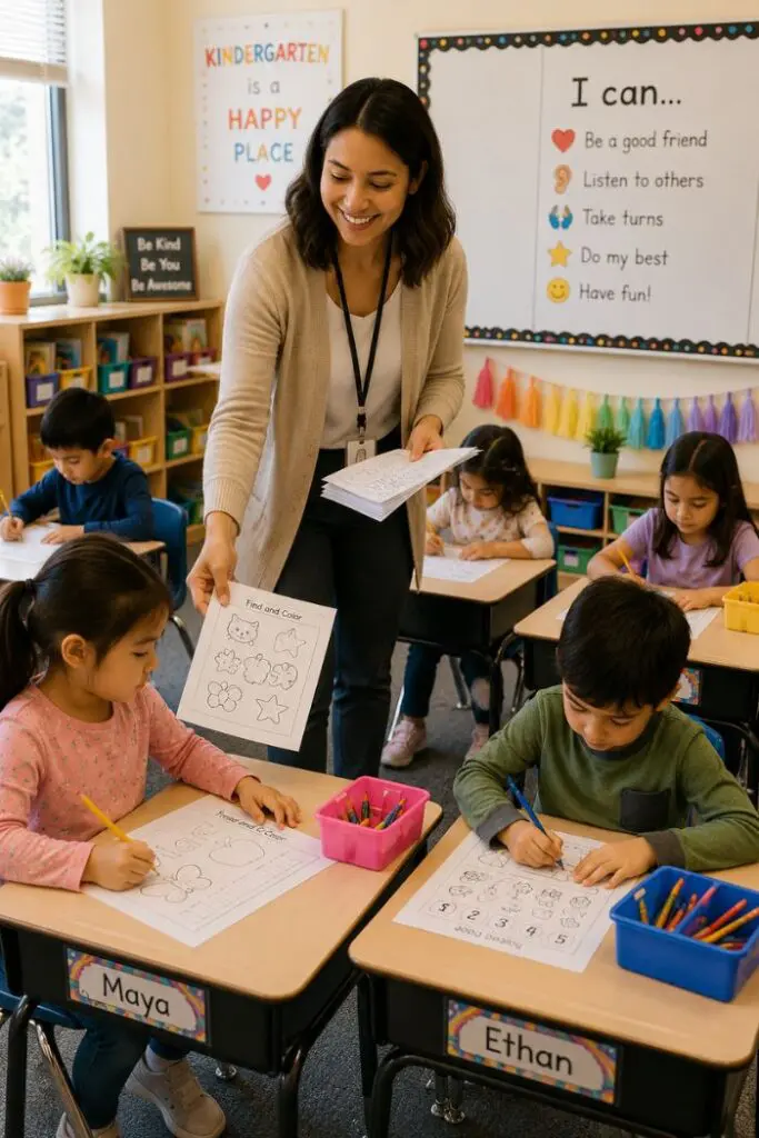 A teacher hands out worksheets to young students sitting at desks in a colorful kindergarten classroom. A sign on the wall reads "Kindergarten is a Happy Place" and another lists "I can..." goals.